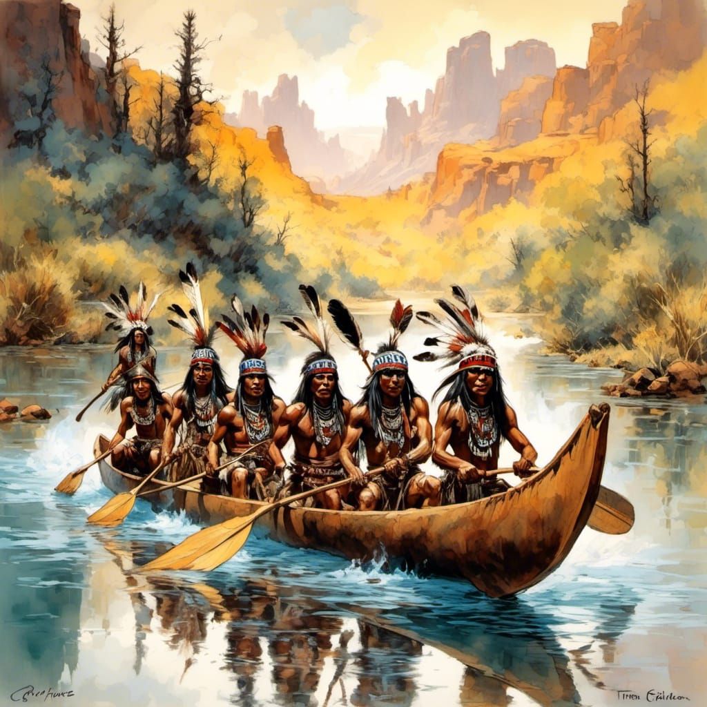 Native American War Party in a canoe on the river