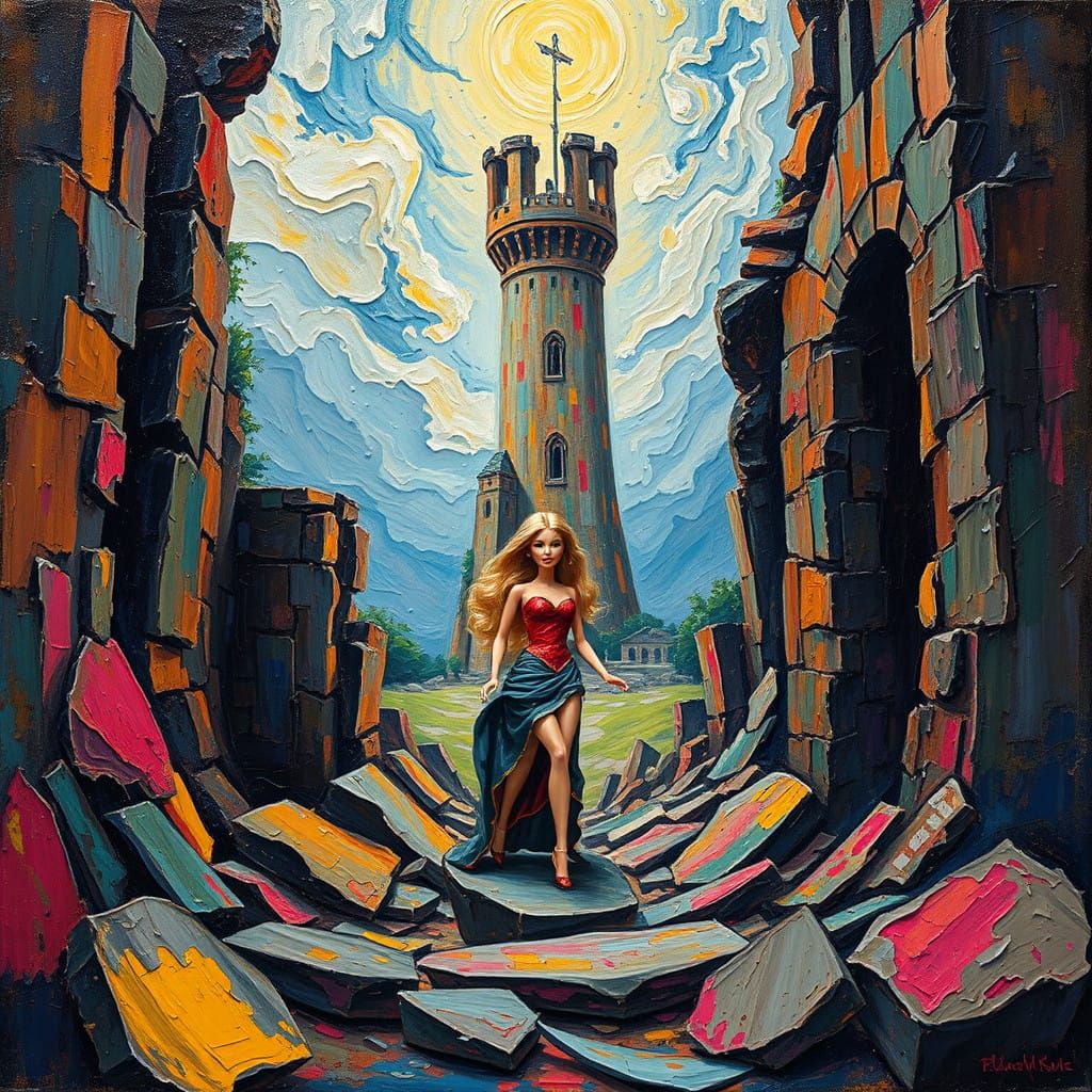 Barbie in Turmoil: Neo-Impressionist Tower Downfall