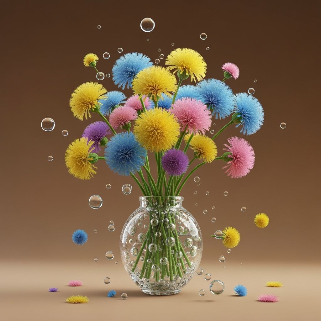 Surreal Dandelion Bouquet in Glass Vase as Sci-Fi Art