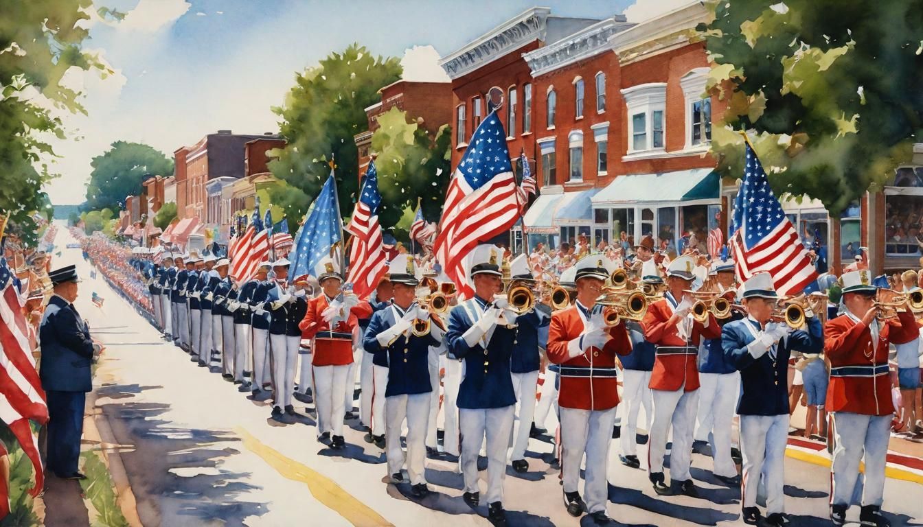 4th of July Parade: Watercolor Painting of Midwest Town
