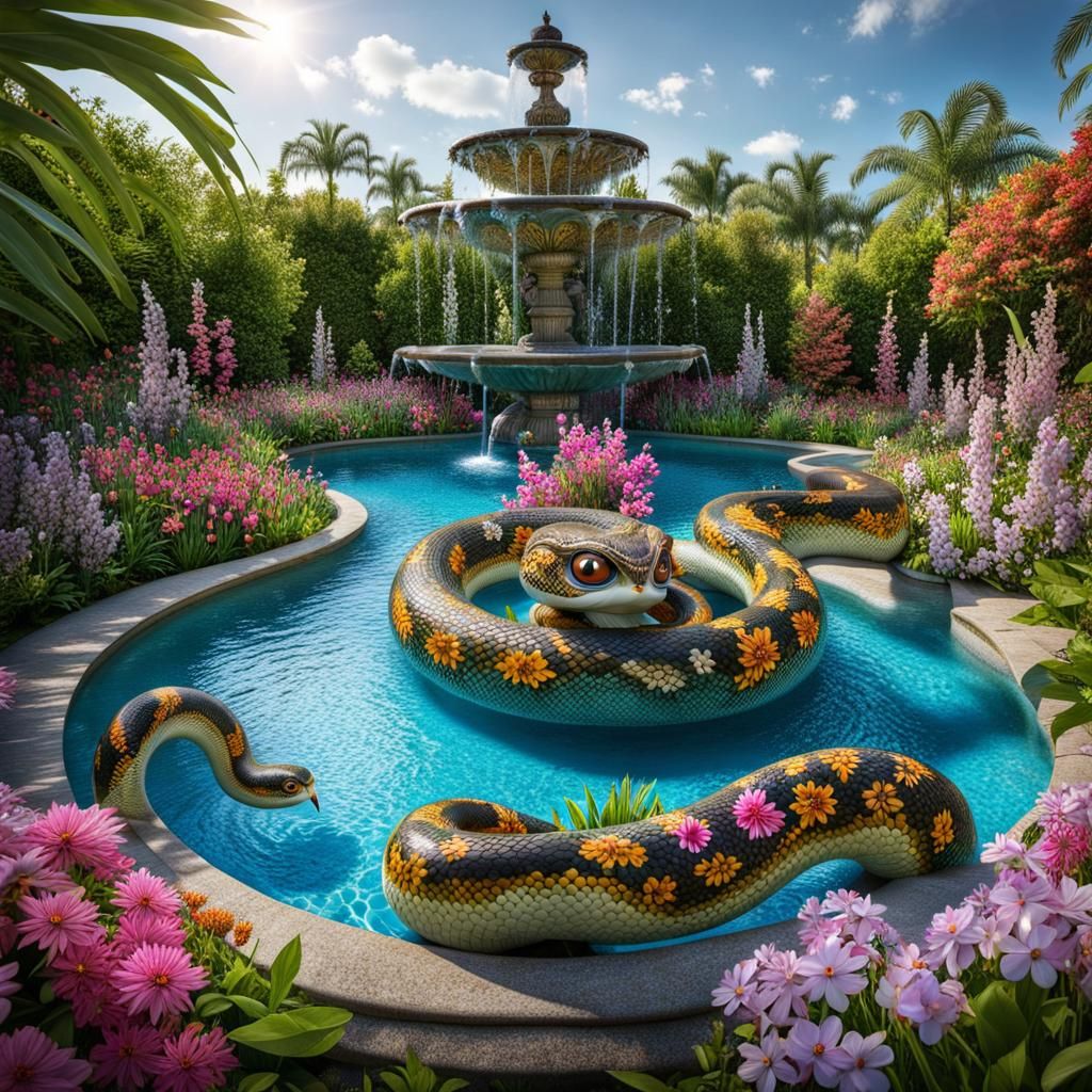 Snakes Coiled in Flowers in a Fantasy Garden