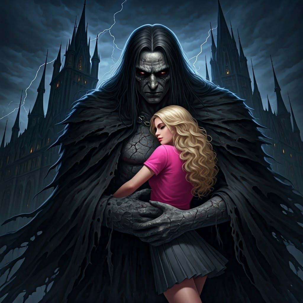 Dark Giant in Black Cloak, Beside a Blonde Maiden, Illuminat...
