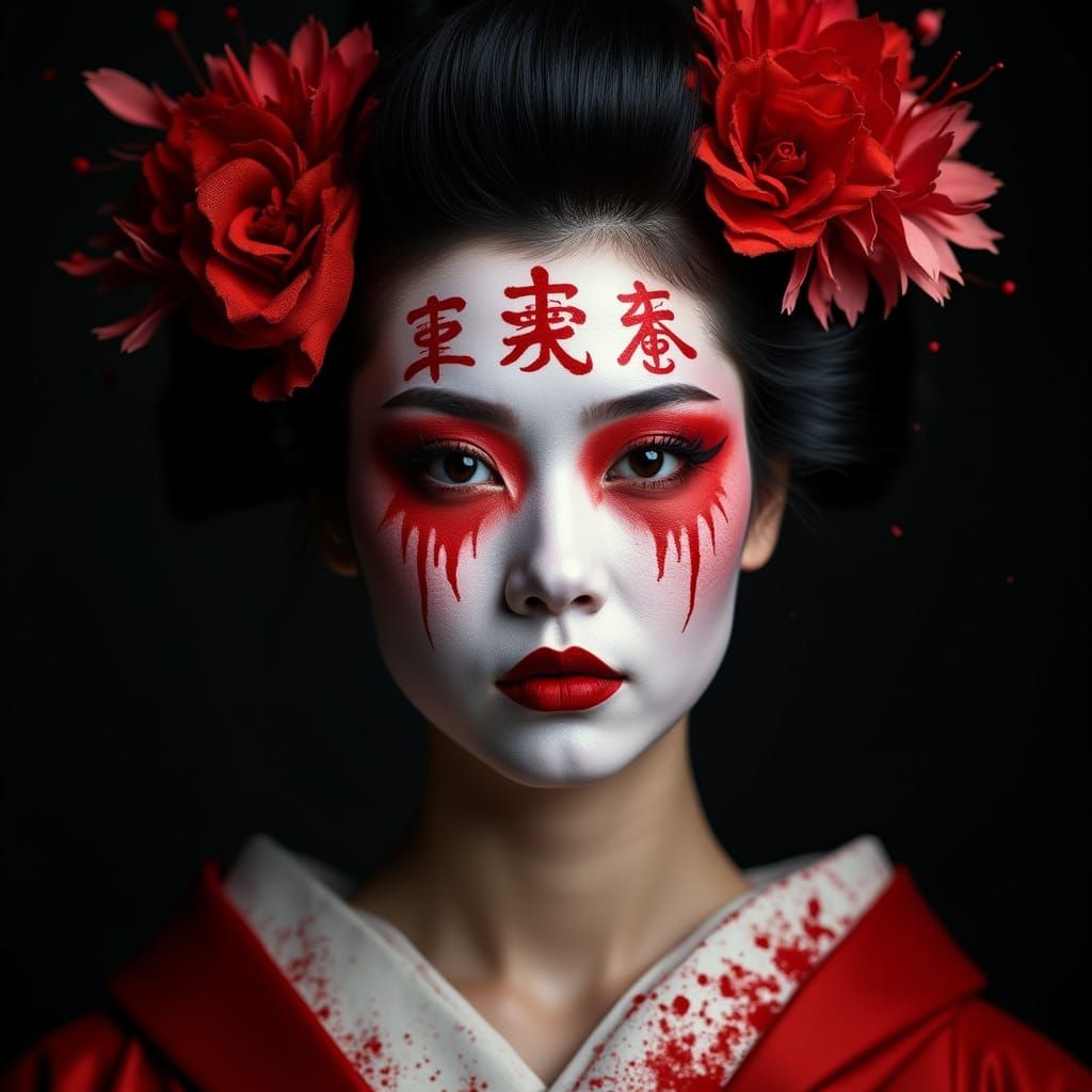 Dramatic Geisha Portrait with Red and Black Ornaments