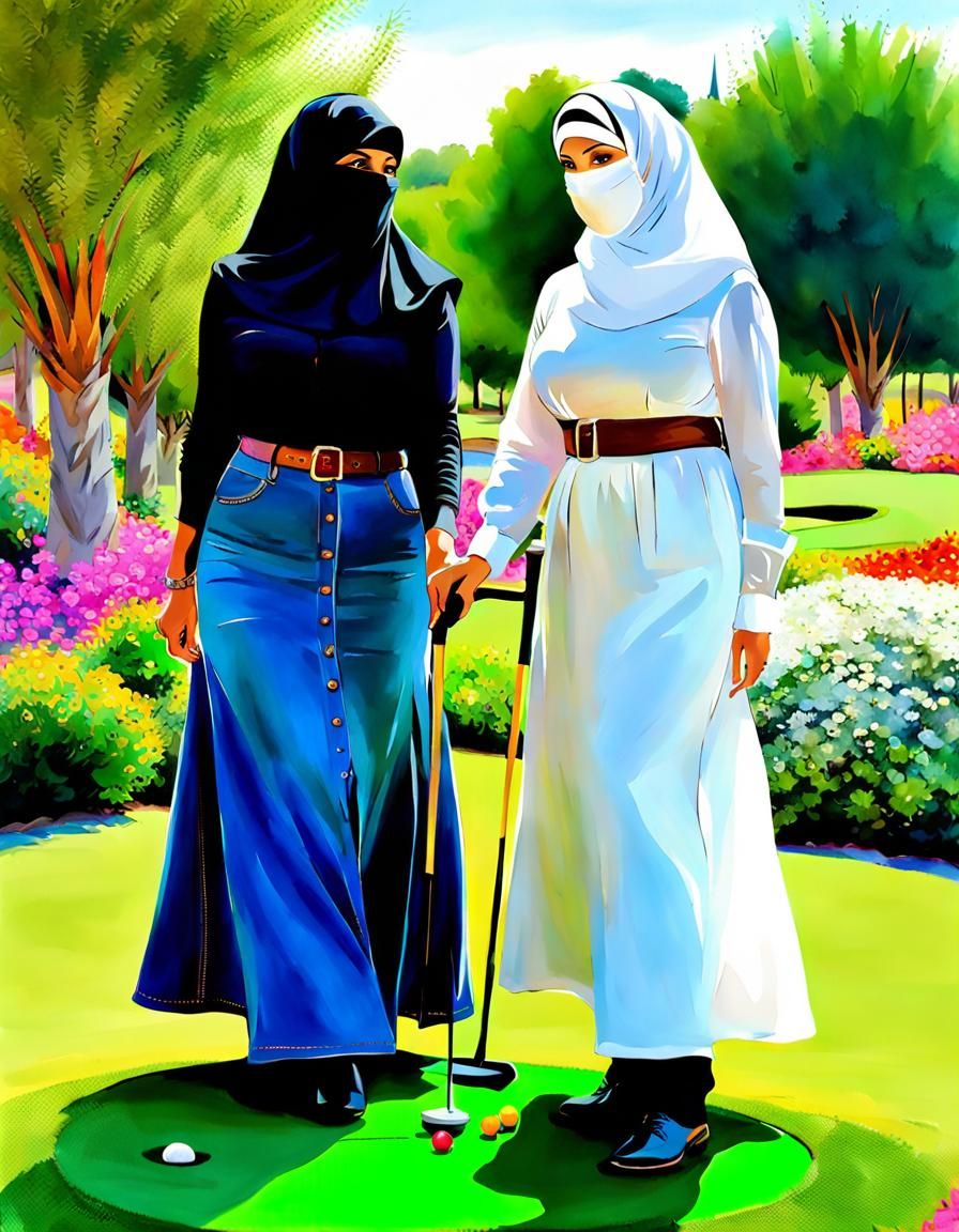 Niqabi Teachers Play Mini-Golf in Watercolor Style