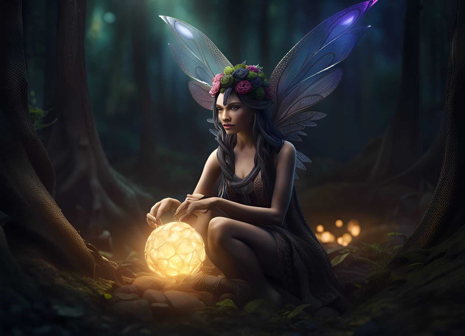 Dark Fairy in Gothic Steampunk Forest at Sunset