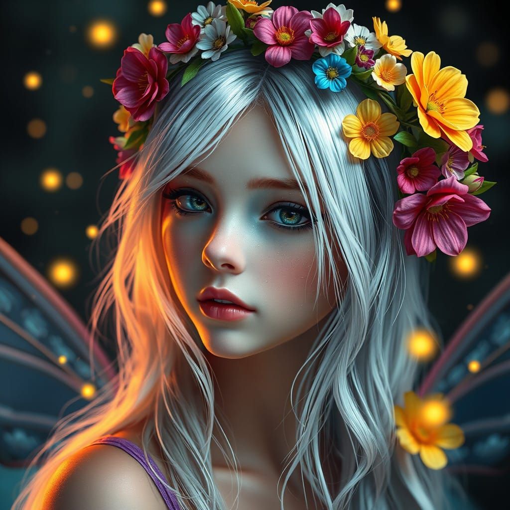 Ethereal Fairy with Blooming Floral Crown in Fantasy Portrai...
