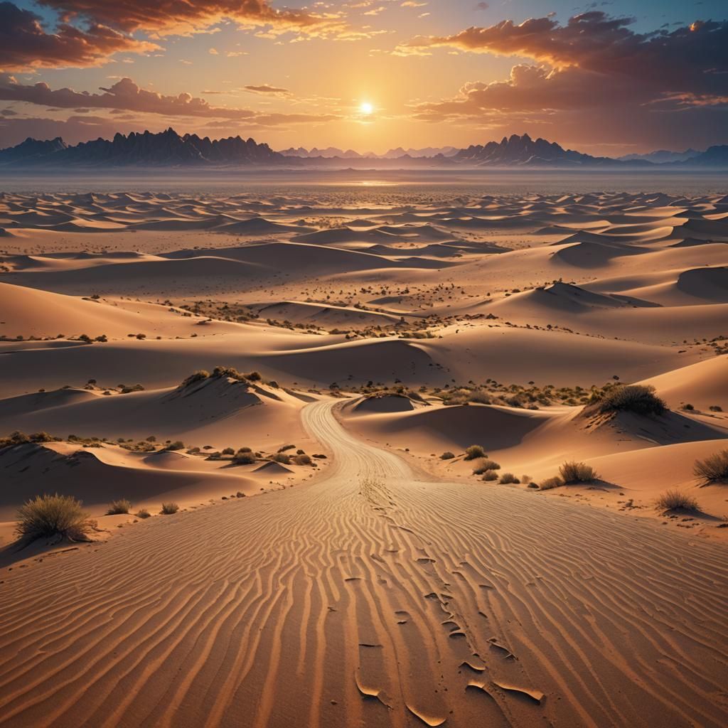 Endless Desert Road at Sunrise: Fantasy Concept Art