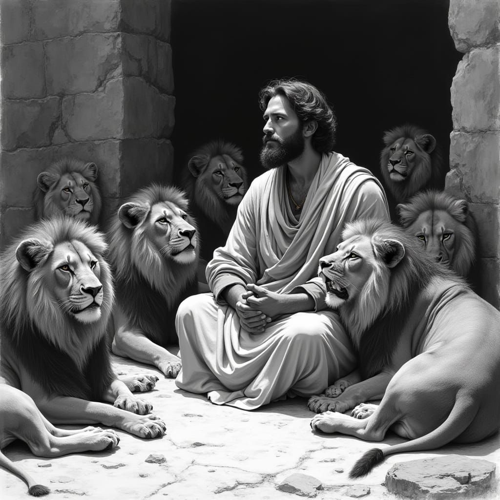 Dignified Man in Prayer Surrounded by Majestic Lions in a Se...