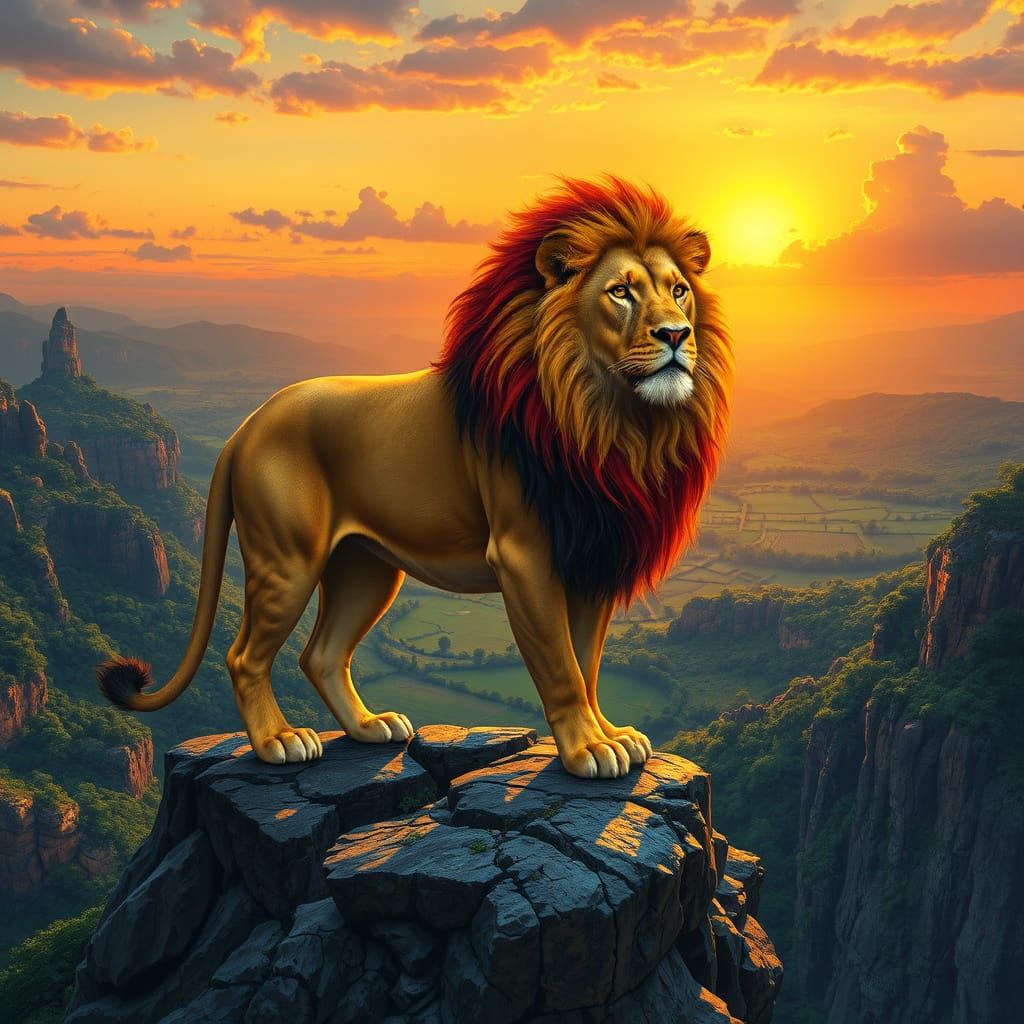 Regal Lion Dominates Fantasy Landscape with Golden Glow