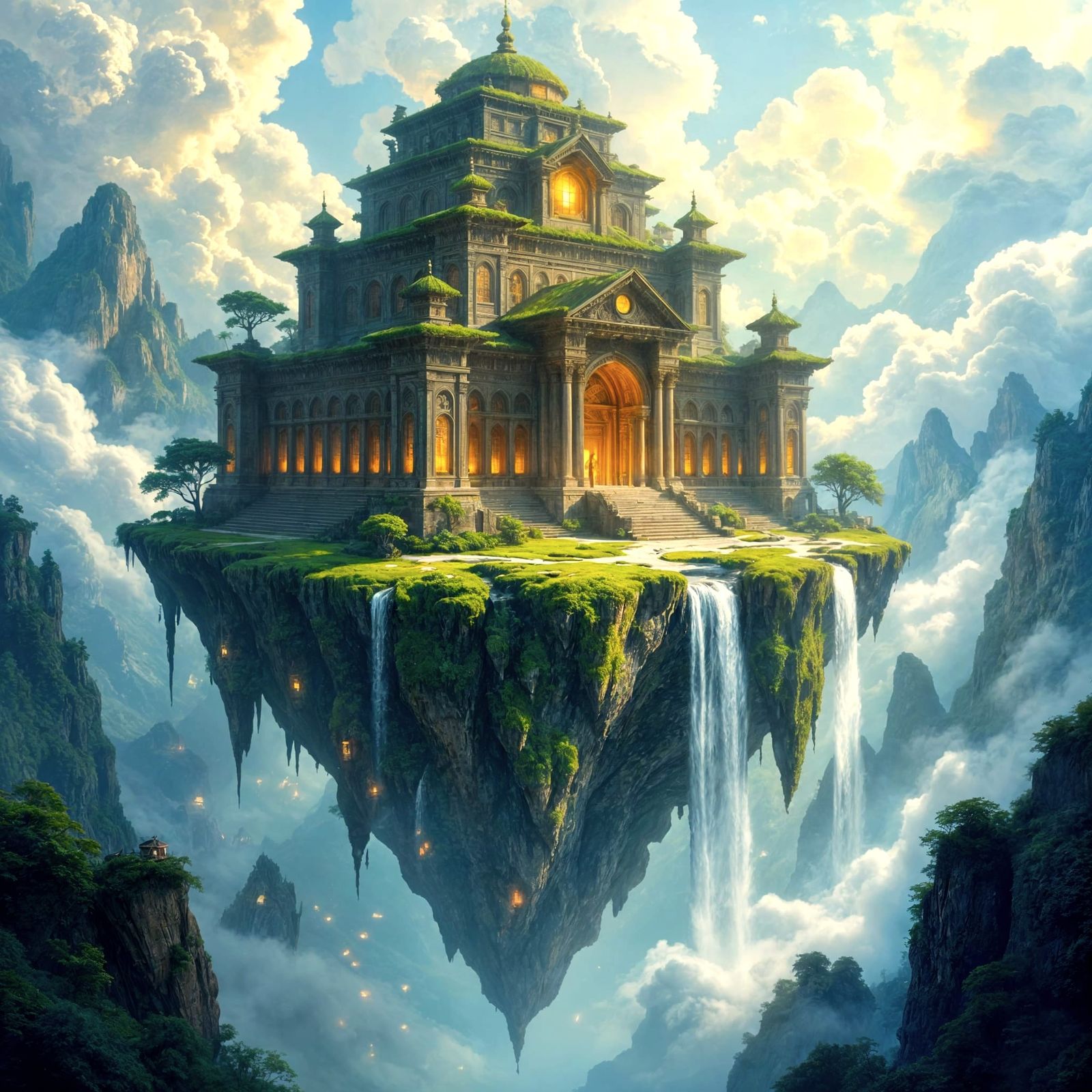 Ancient Library on Floating Island with Glowing Runes