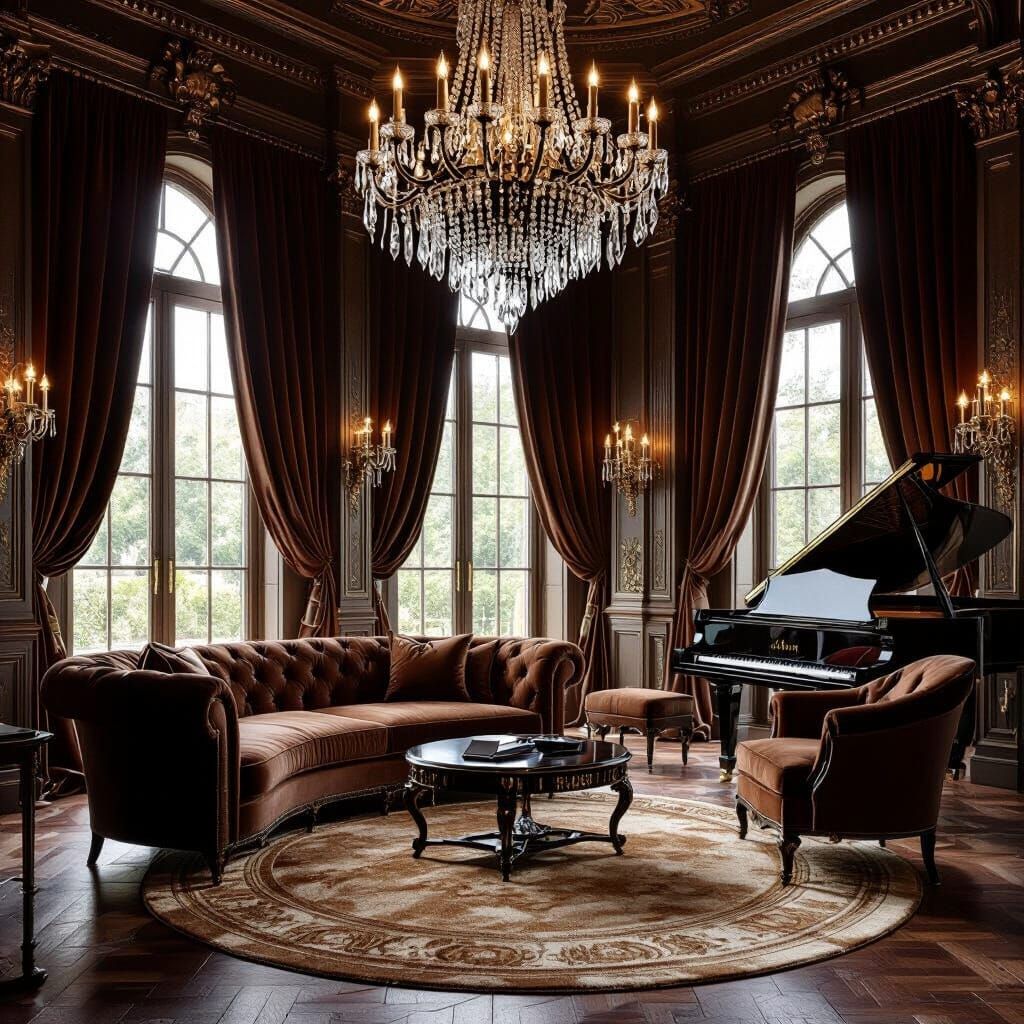 Grand Gothic Room with Velvet Sofa and Piano