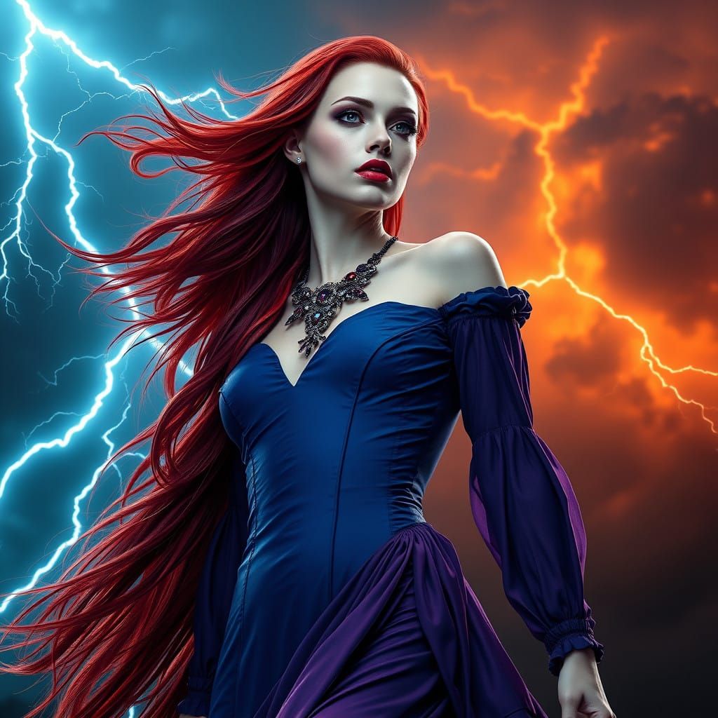Ethereal Queen of Lightning in Gothic Fantasy Attire
