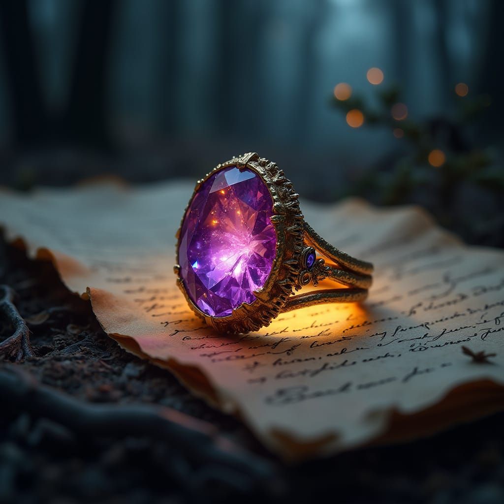 Mythic Amethyst Ring Illuminates Dark Fantasy Forest in Gold...