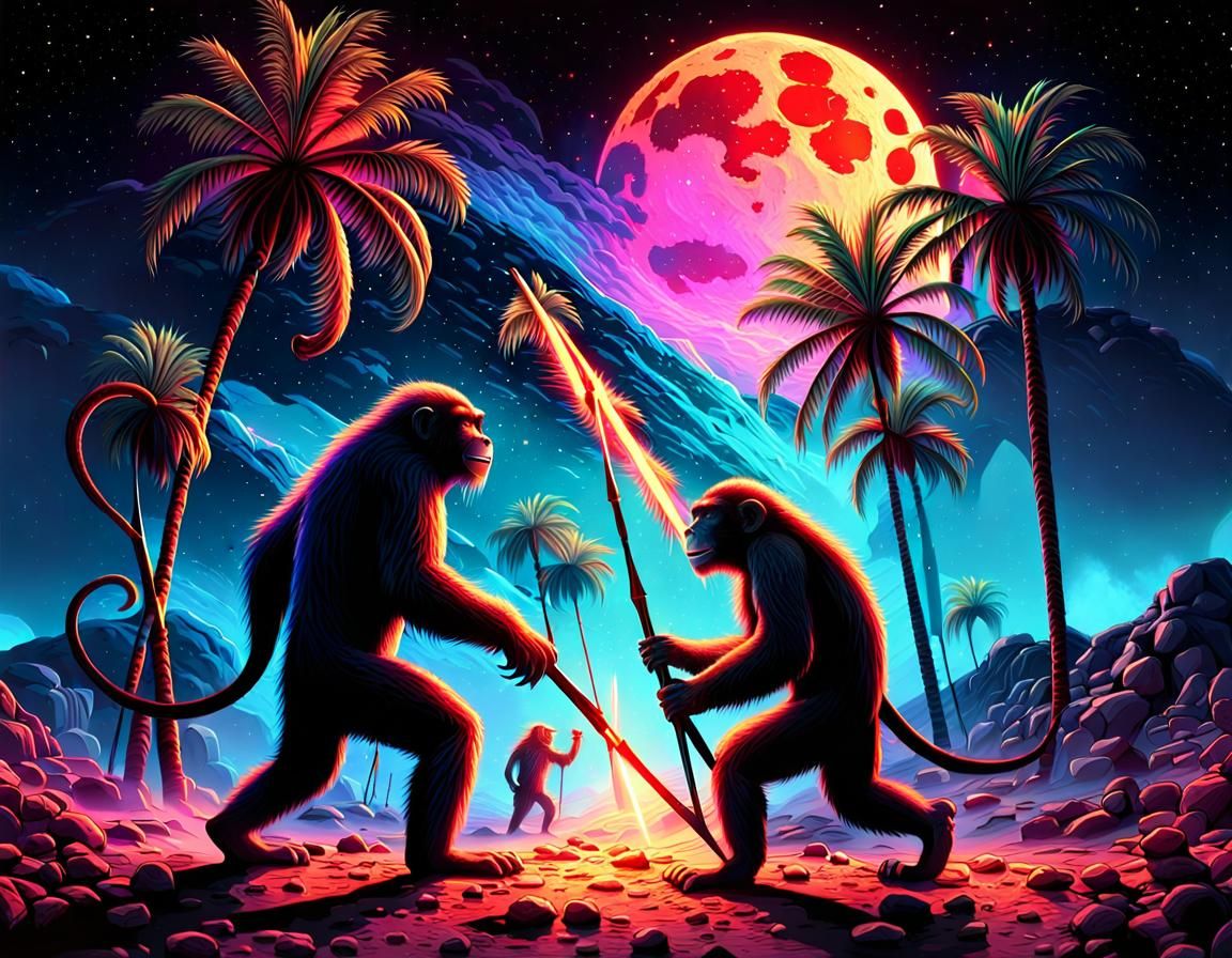 Two giant monkeys with halberds fighting to the death under ...