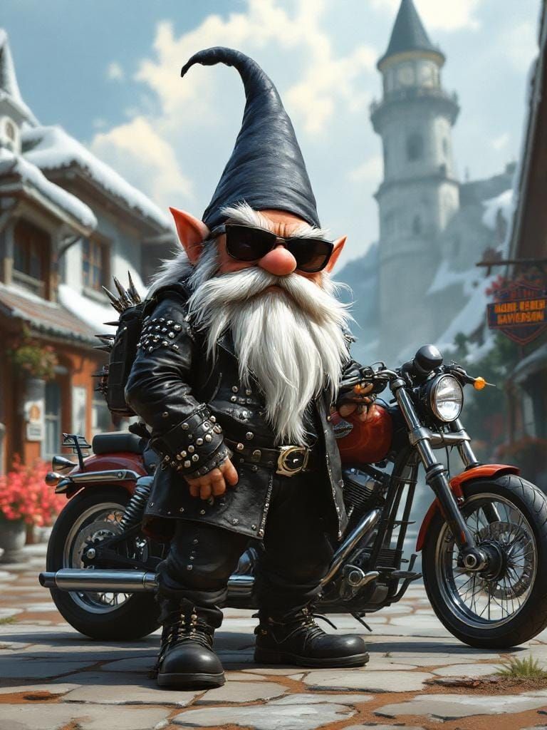 Hyperrealistic Biker Gnome on Harley Davidson