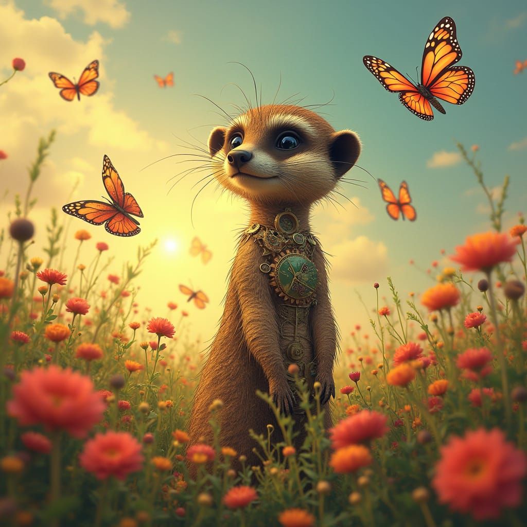 Clockwork Meerkat in Rainbow Field: Steampunk Art Nouveau