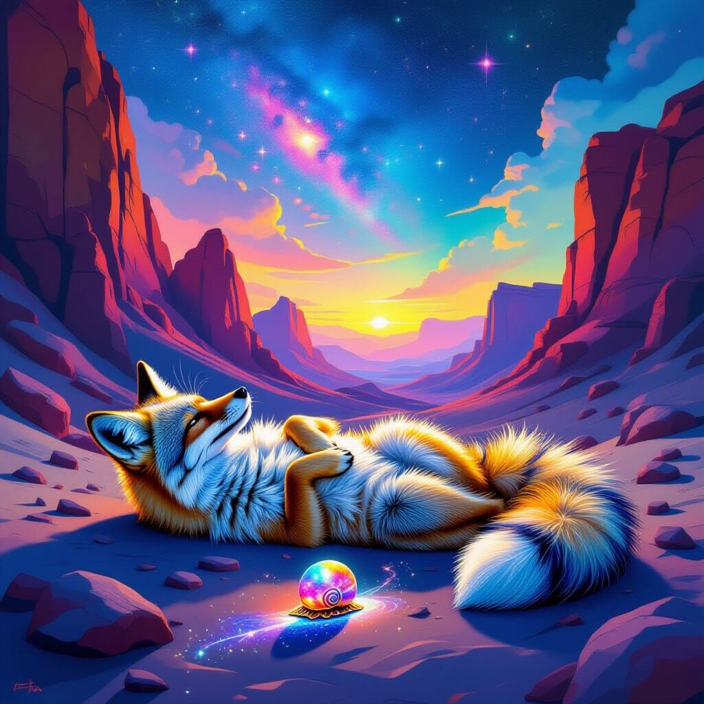 Cosmic Coyote and Snail in Surreal Space Art Style