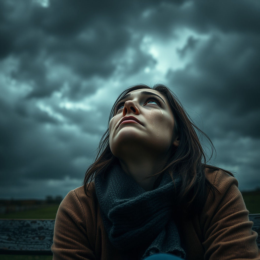 Woman Overcome with Sorrow in Stormy Sky