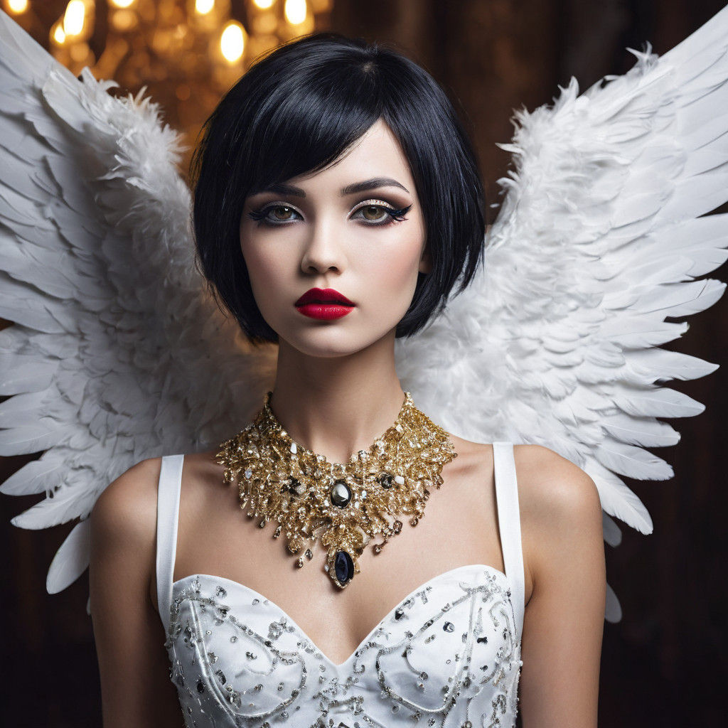 Angel Woman in Regal Gothic Attire with Golden Accents
