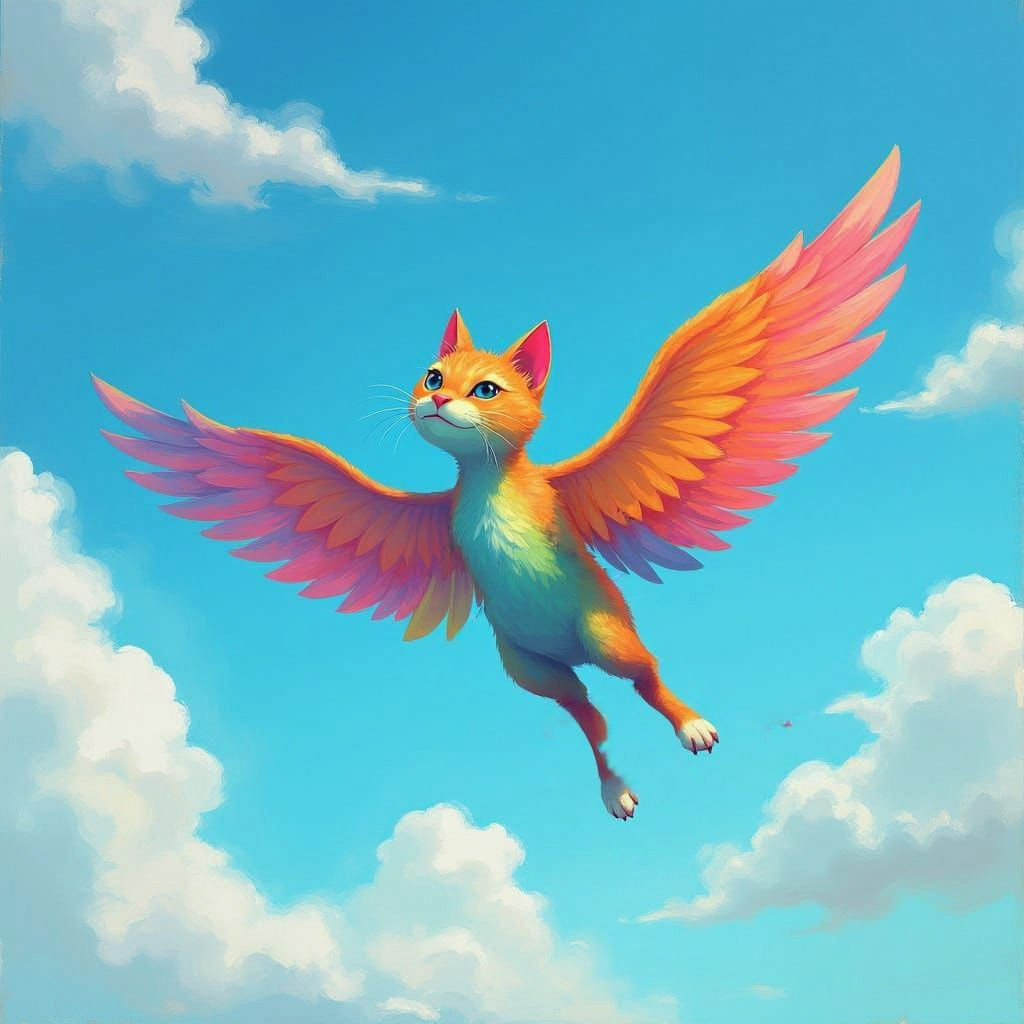 Vibrant Winged Feline Soars in the Rainbow Sky