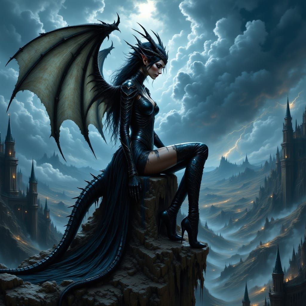 Dragon Woman on Gothic Tower, Dark Fantasy Armor