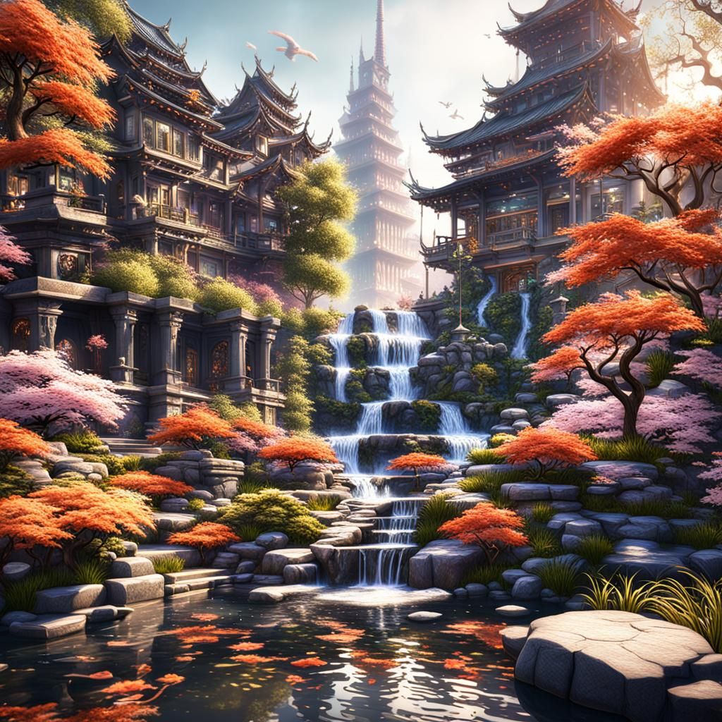 Fantastical Urban Garden with Waterfalls and Koi Ponds