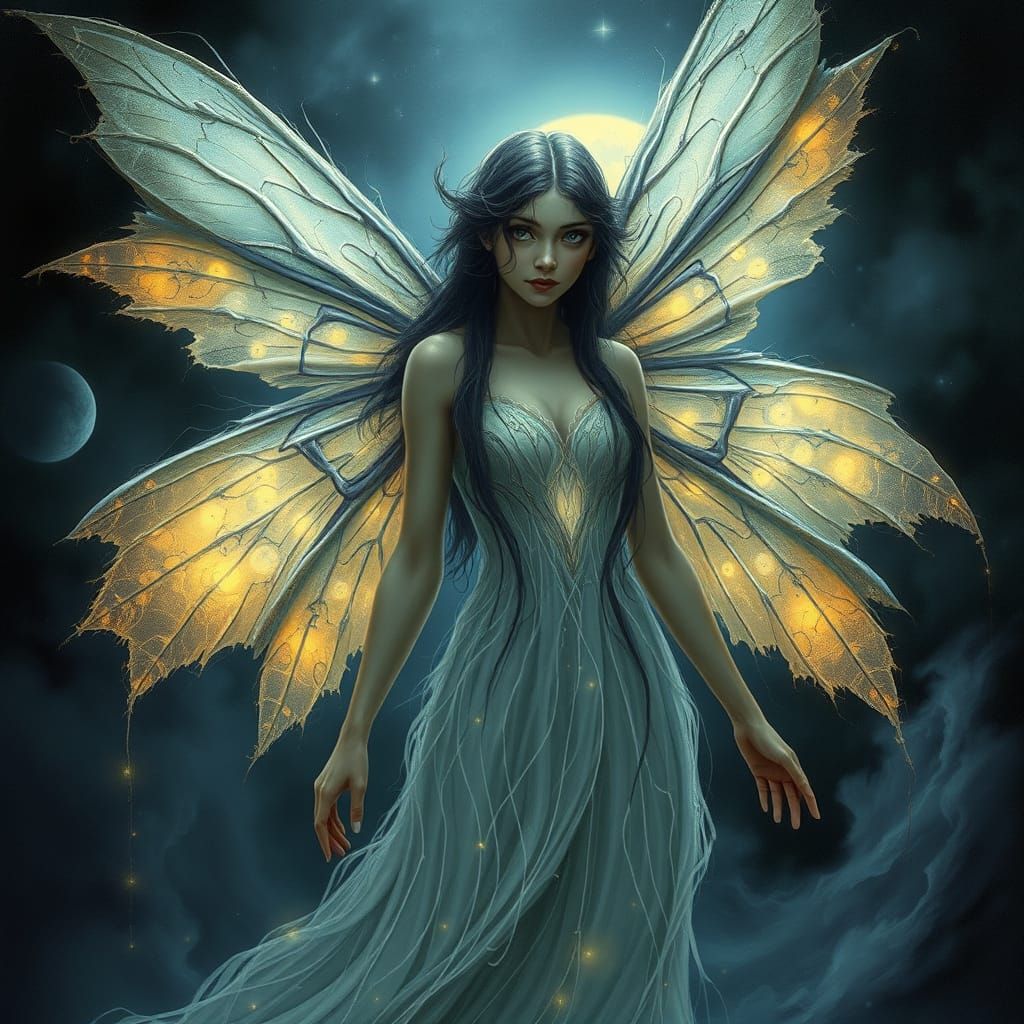 Mysterious Fairy with Tattered Wings in Moonlight Mist