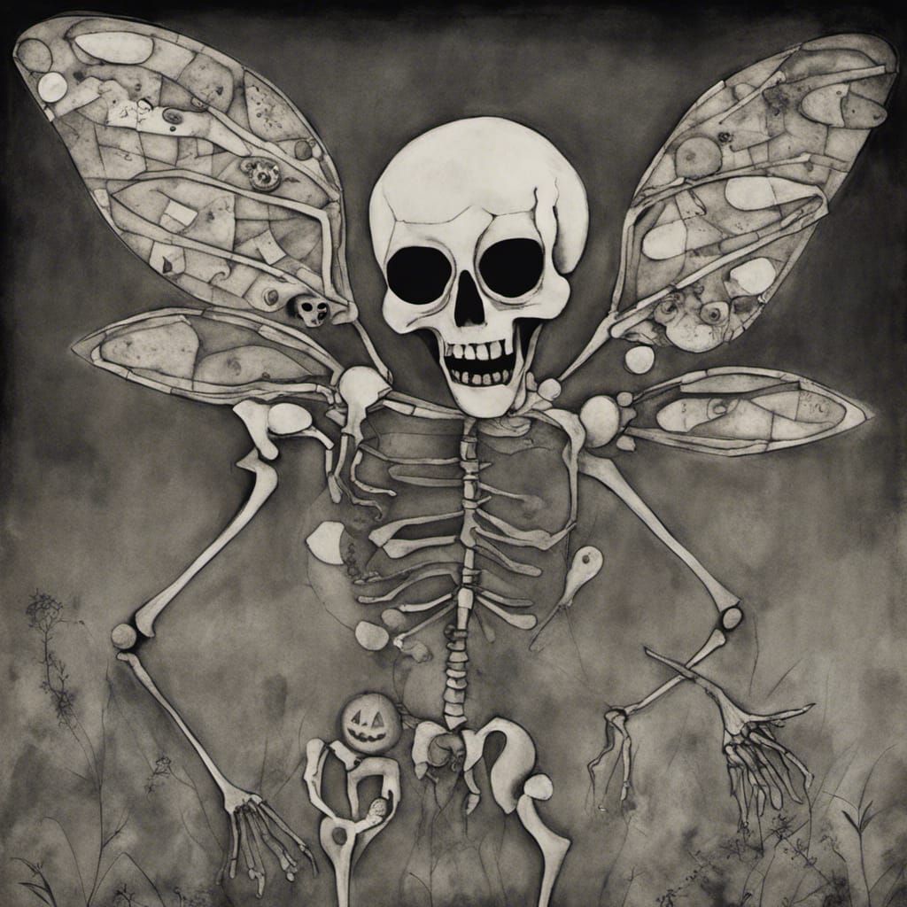 Winged skeleton jack o lantern headed  skeleton man , spooky Halloween  Fairy family in a Million Dandelion dreamscape, ...