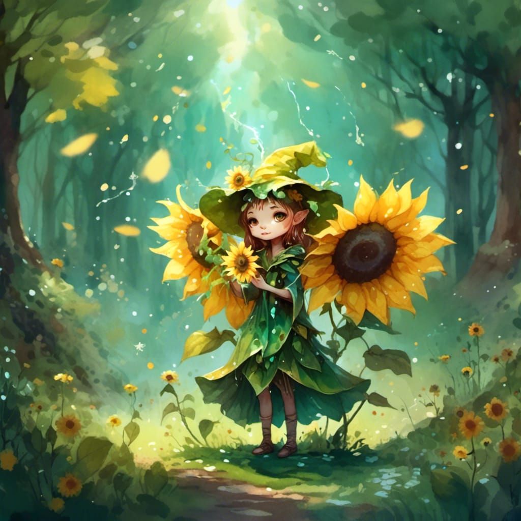 Whimsical Sunflower Wizard in Magical Forest