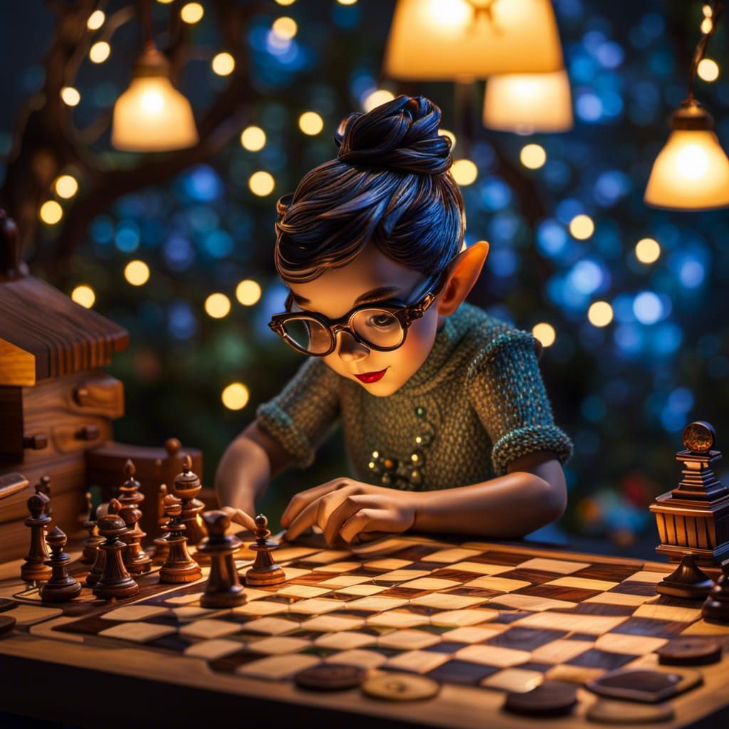 Pixie Playing Checkers in Enchanted Setting