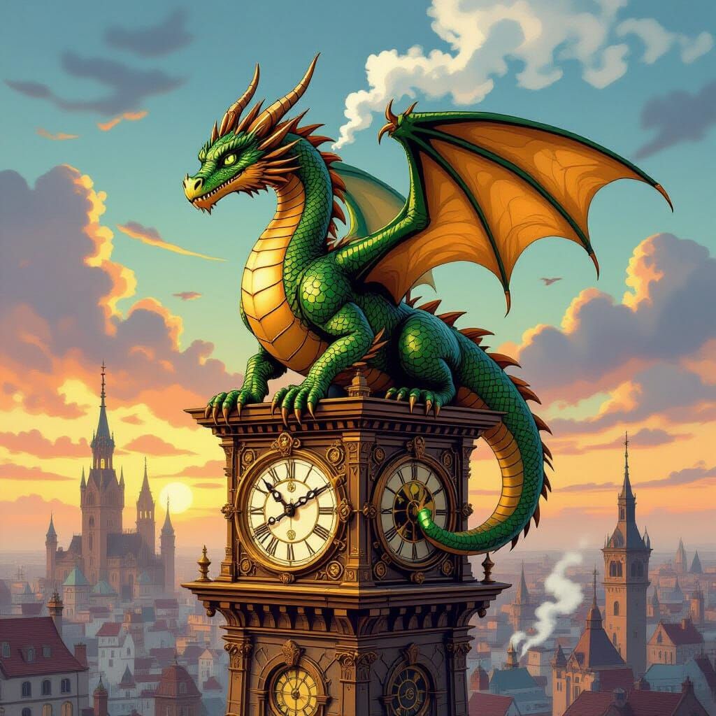 Majestic Dragon on Clockwork Tower in Vintage Style