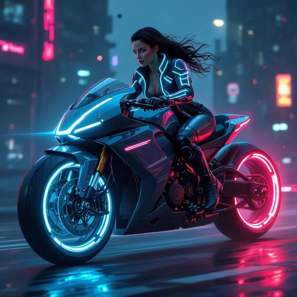 Futuristic Biker Rides Neon-Lit Tron Motorcycle in Cityscape