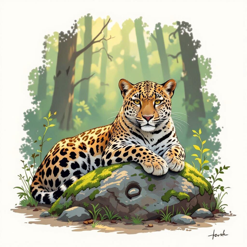 Leopard Beside Mossy Rock with Face, Whimsical Style