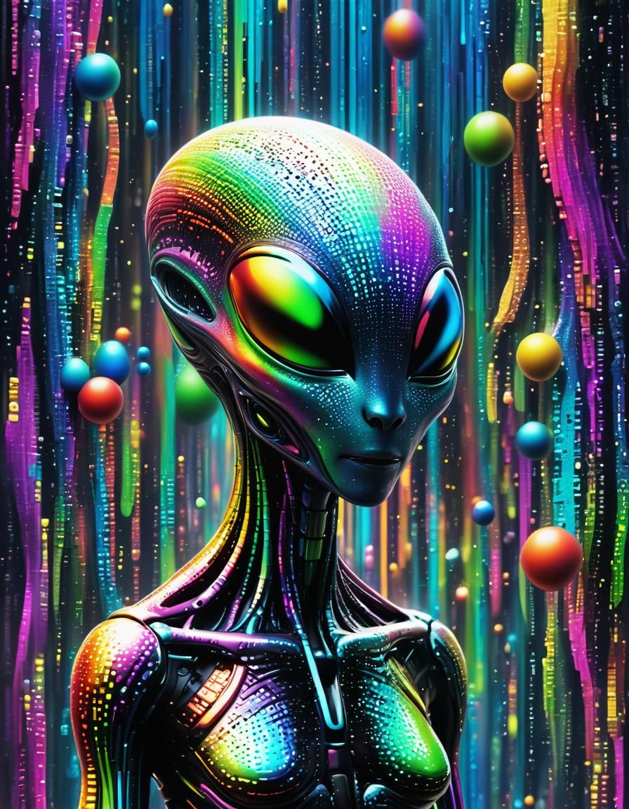 Binary Code Dream Surrealism Rainbow Alien Whimsical hyperdetailed photorealistic 8k