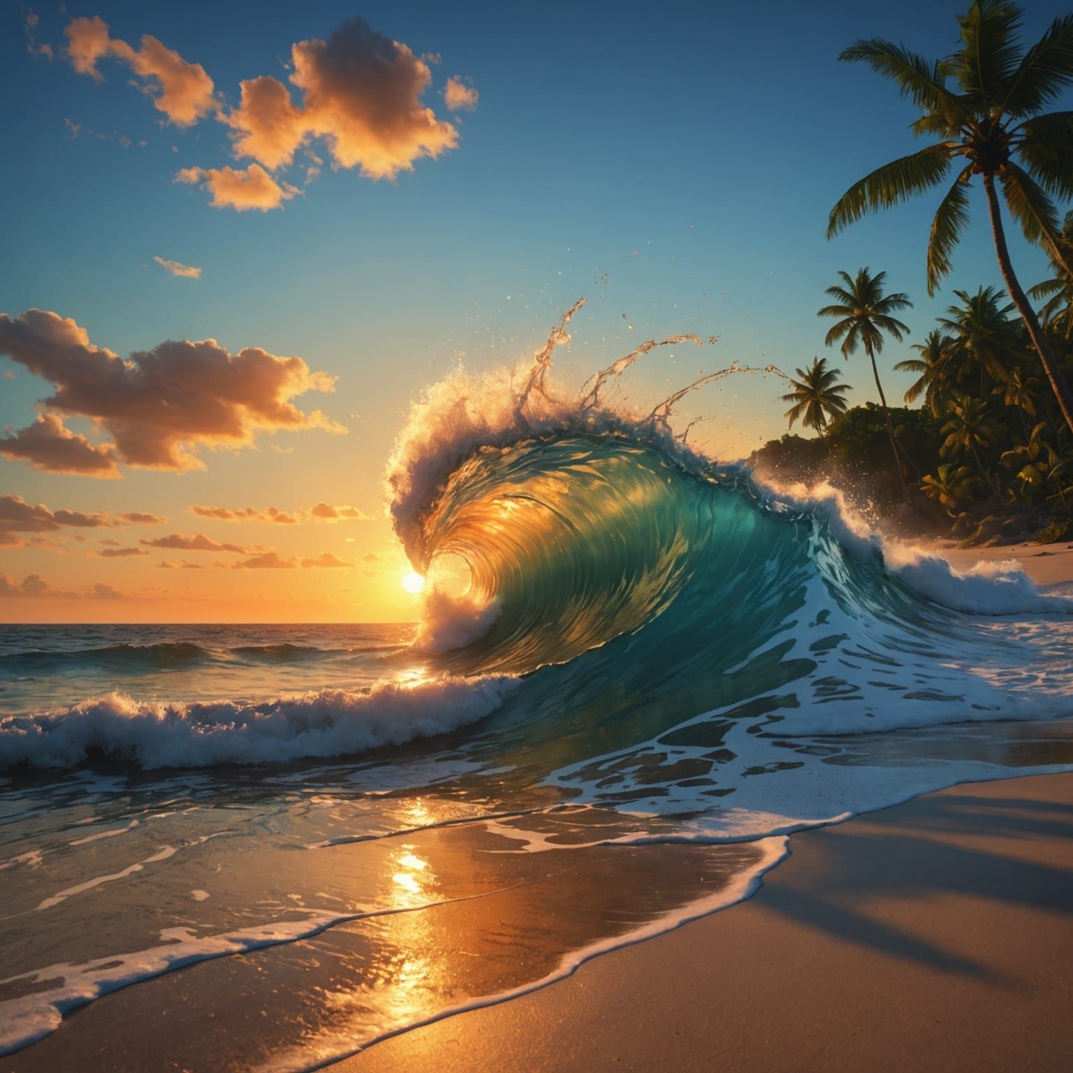 Island Sunset: Hyperrealistic Splash Art Landscape
