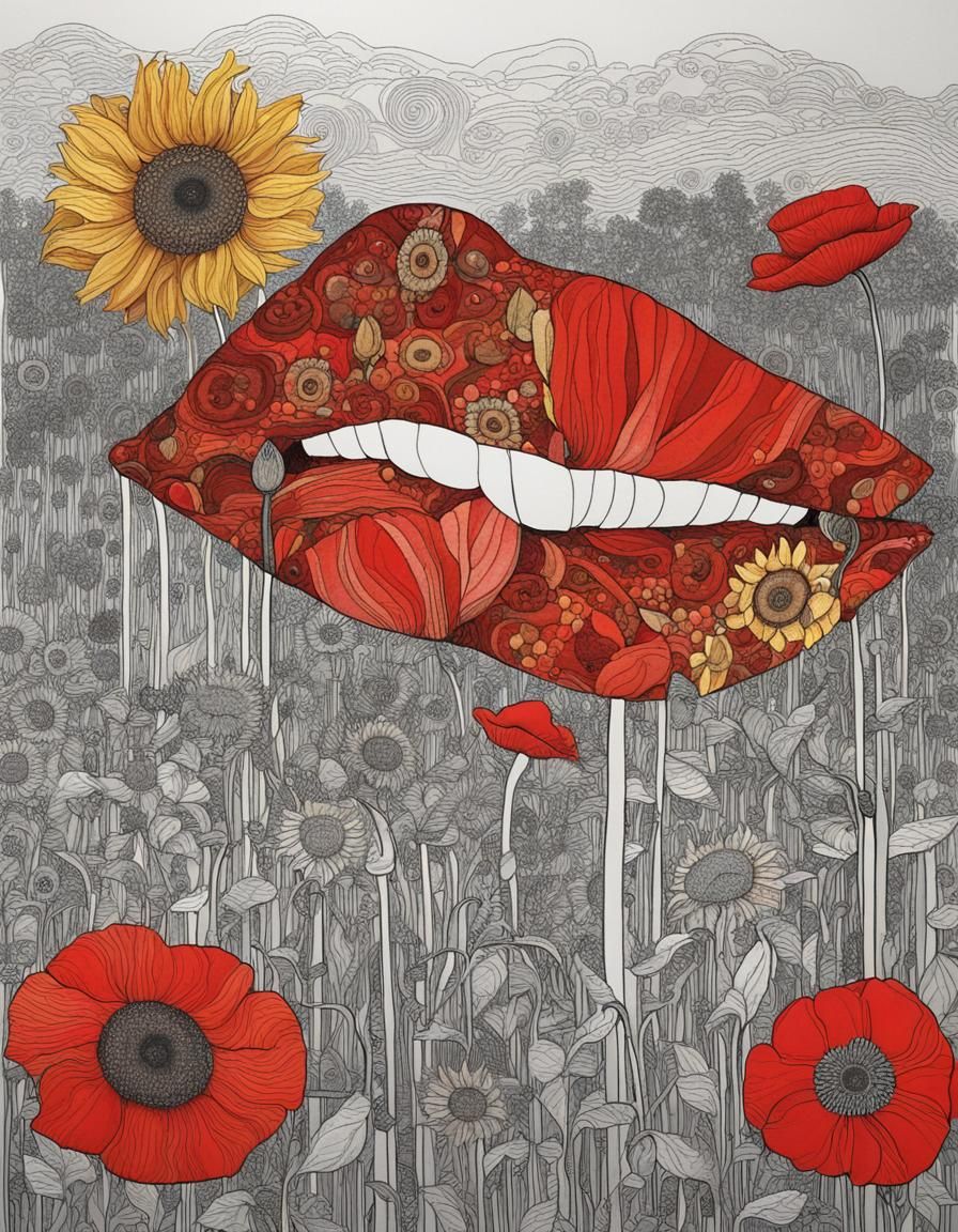 Meadow of poppies as lips and sunflowers, style by Klimt