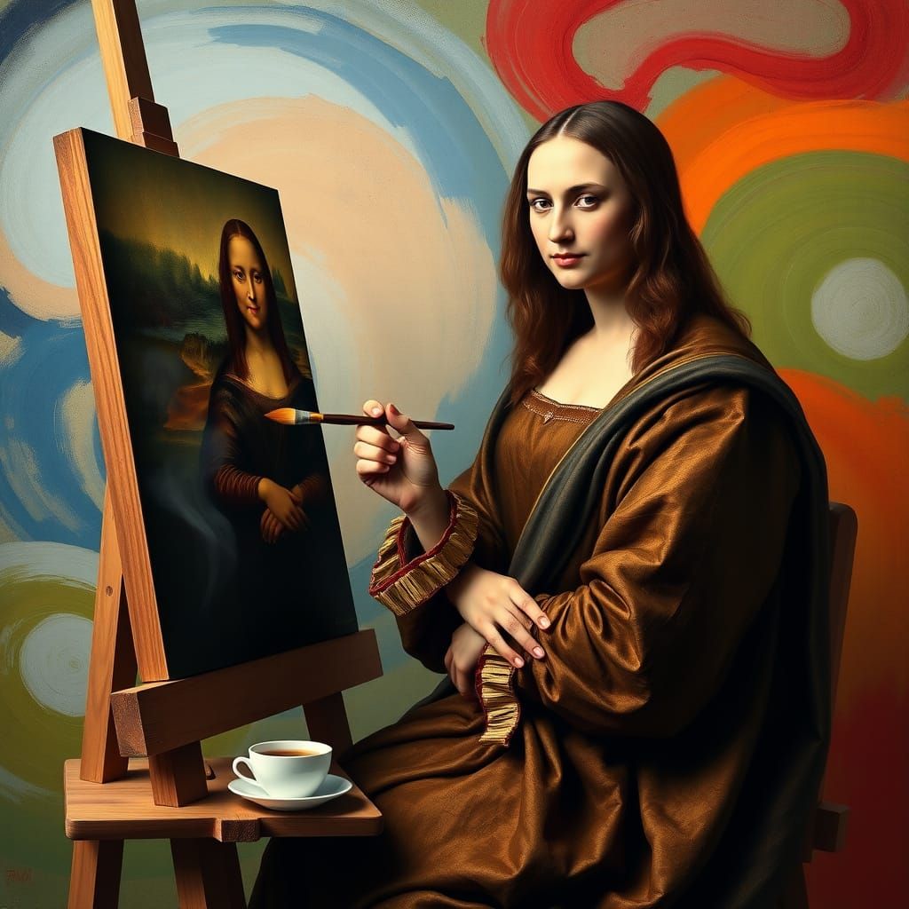 Renaissance Master Paints Mona Lisa in Cozy Cafe Setting