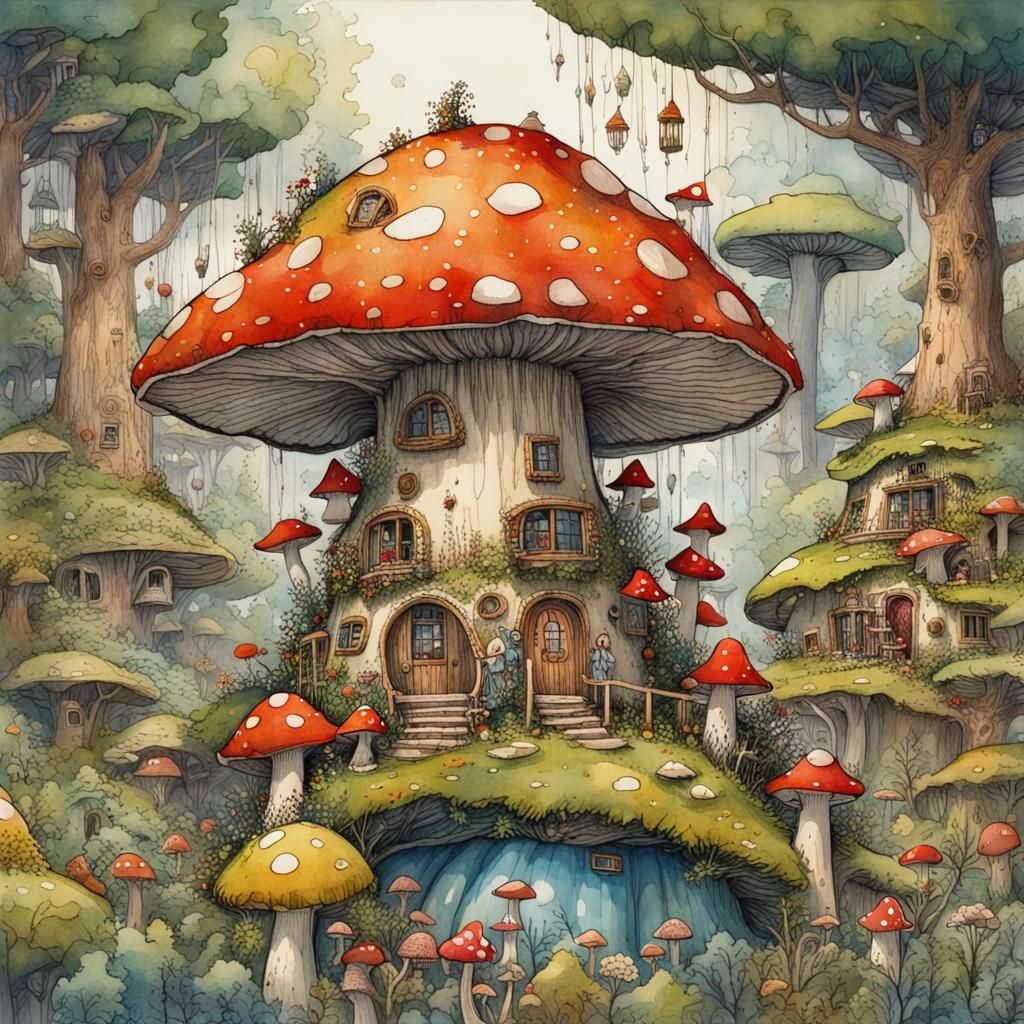 Enchanting Fairy City in Mushroom Ring, Watercolour Art