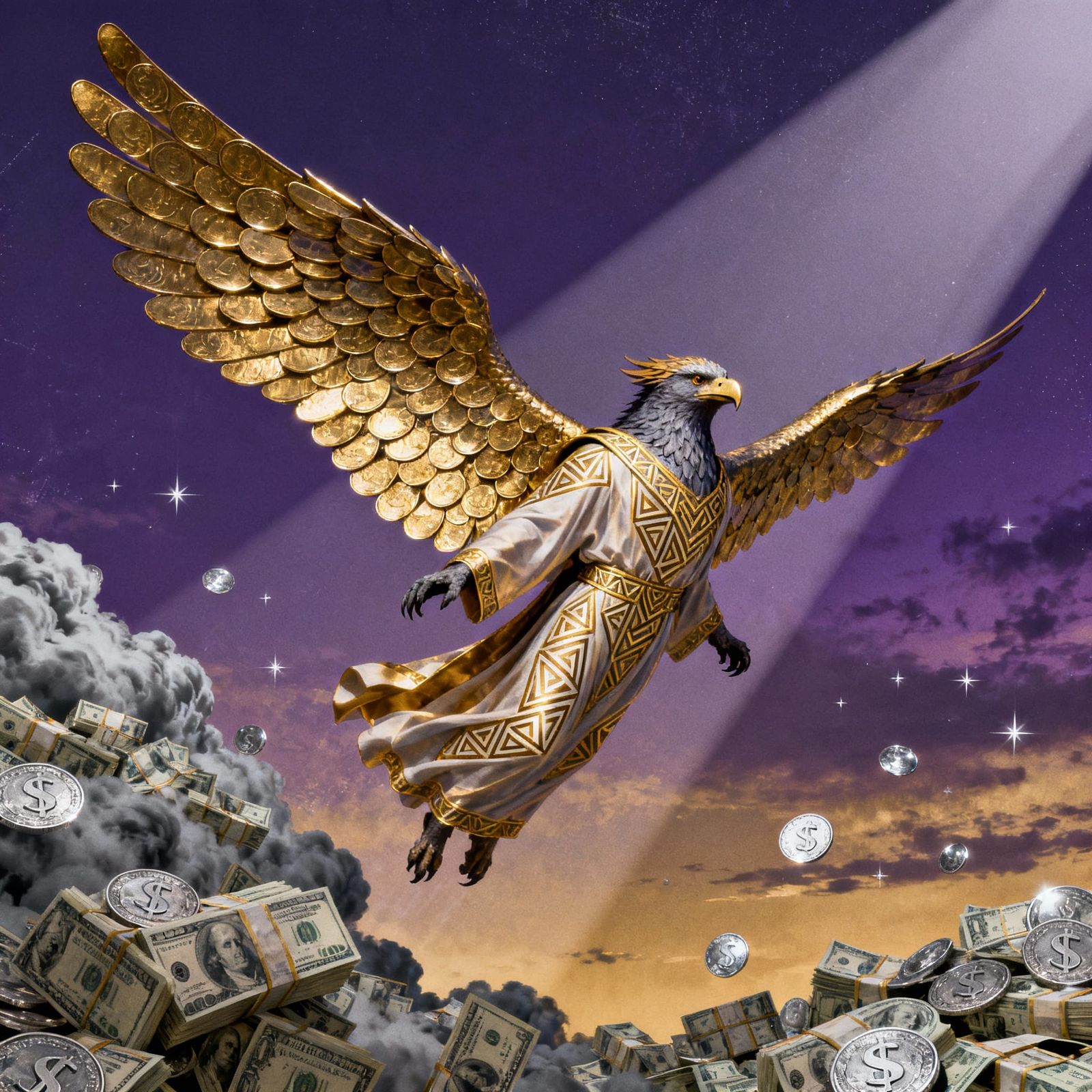 Majestic Harpy with Gold Coin Wings in Twilight Sky