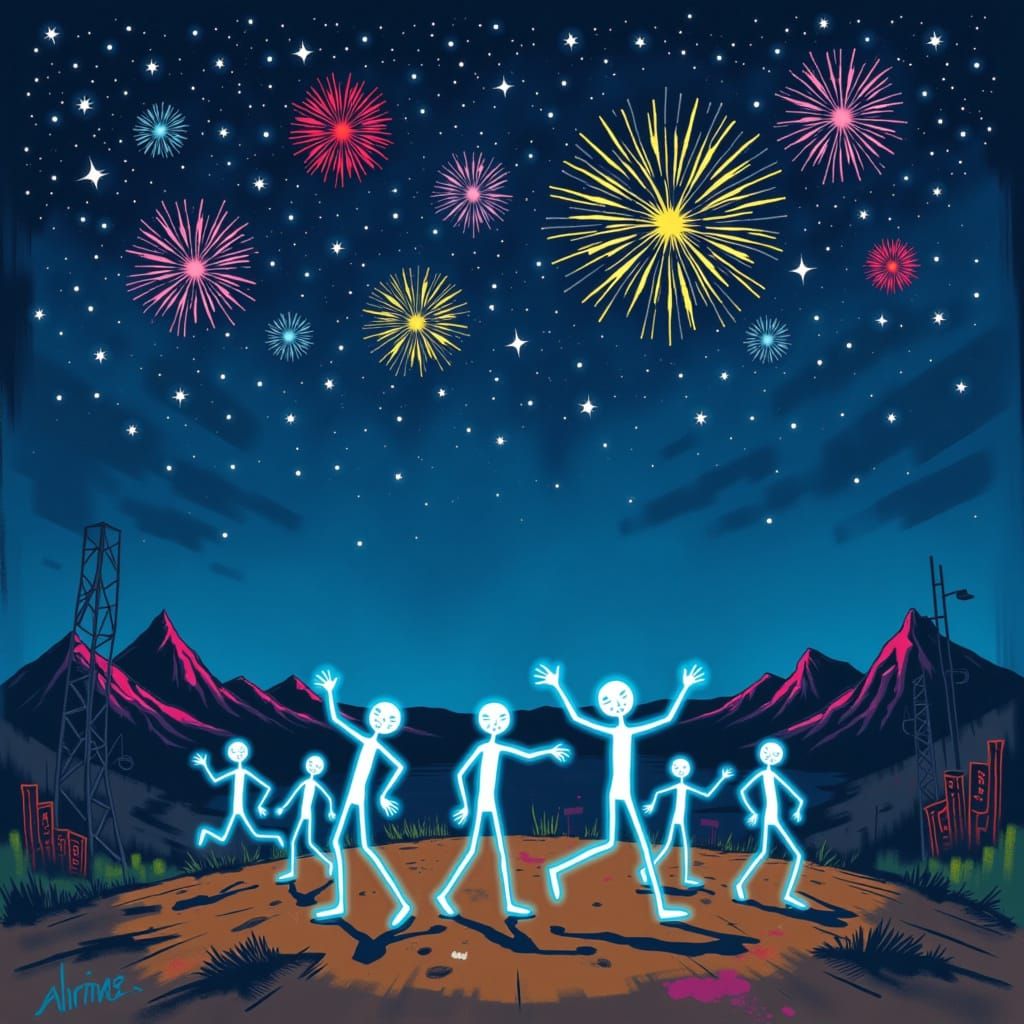 Dancing Aliens Celebrate New Year 2026 With Fireworks