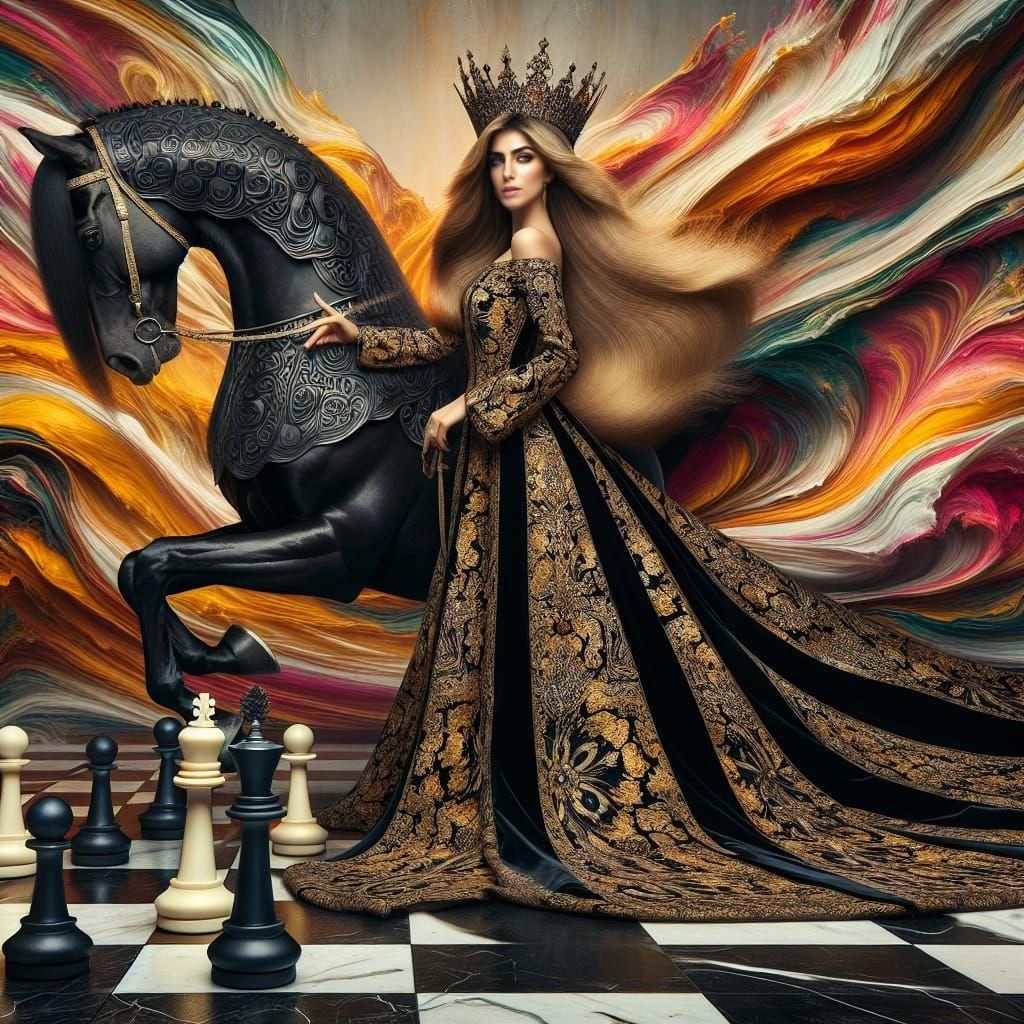 Iranian Woman on Chessboard with Golden Horse