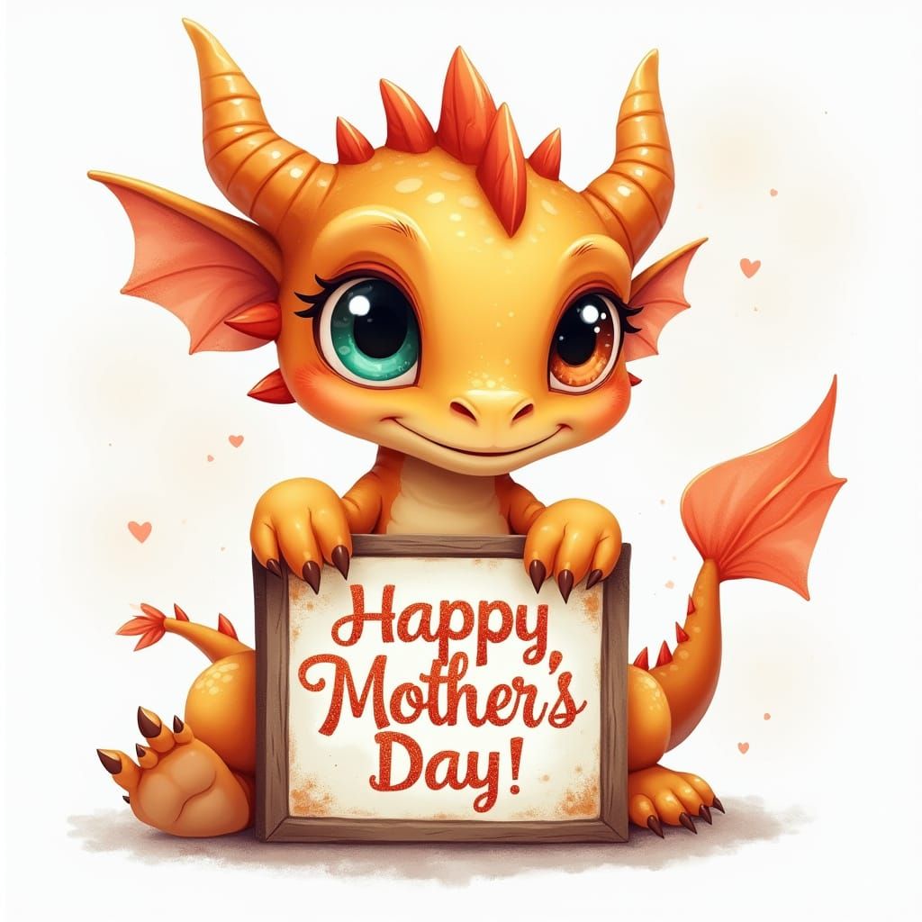 Whimsical Mother's Day Dragon with Glittering Sign