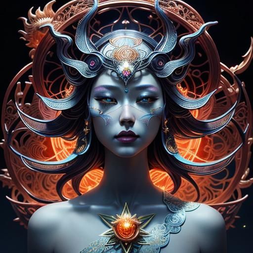 Celestial Woman in Surreal Metal Sun Moon Star