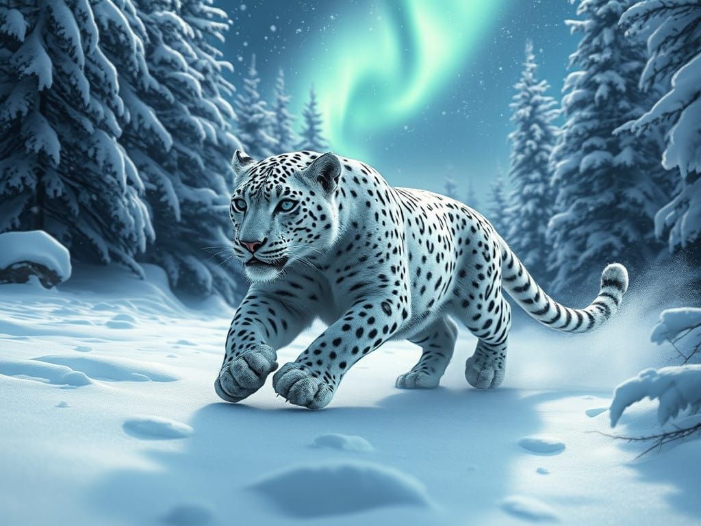 Majestic Snow Leopard in a Winter Wonderland Scene