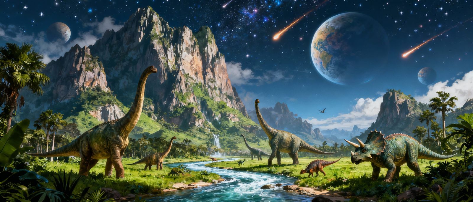 Dinosaur Planet Landscape with Mountains and Rivers