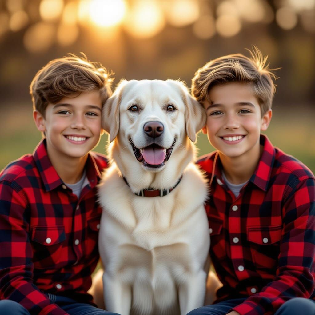 Labrador Sits With Twin Brothers in Realistic Fantasy Scene