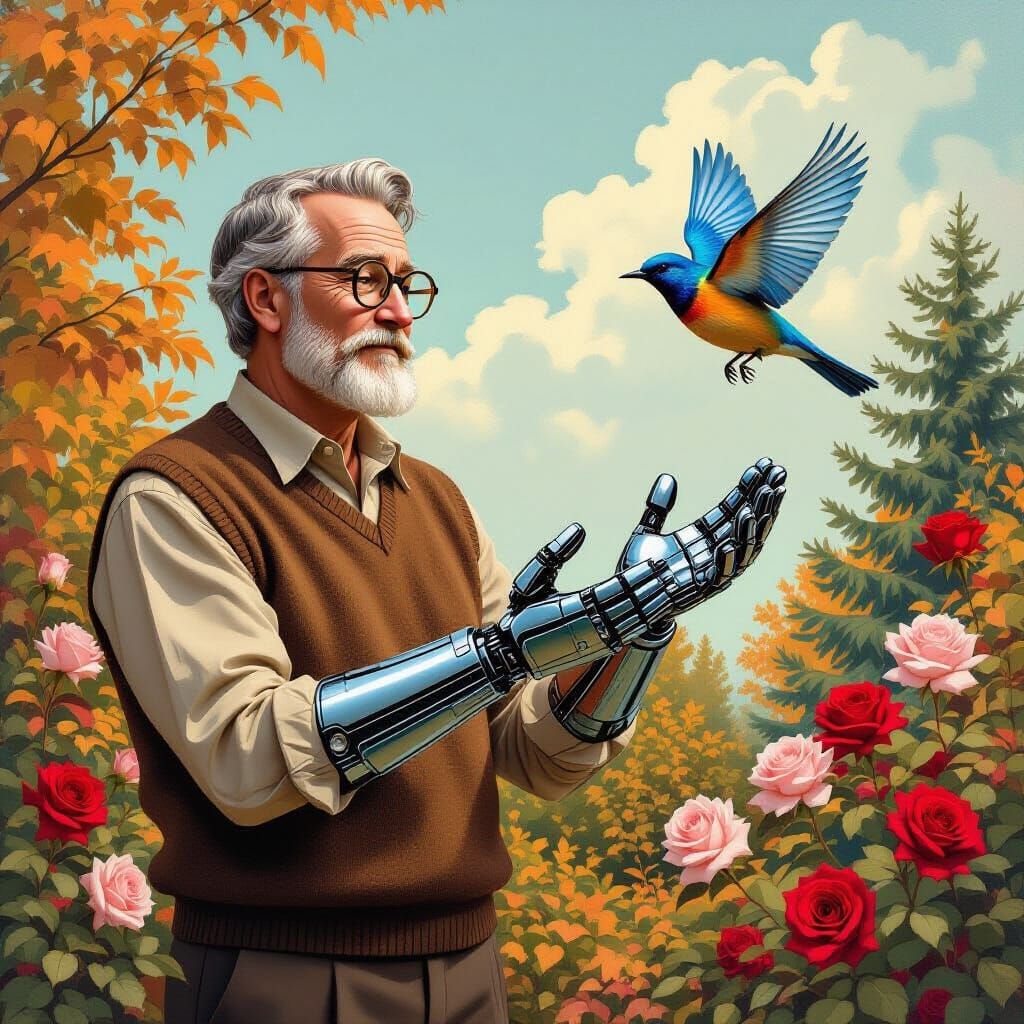 Man Offers Cybernetic Hand to Bluebird in Magical Garden