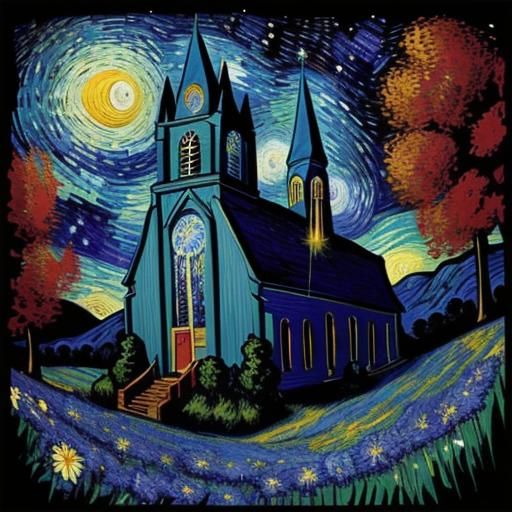 Church in Starry Field: Van Gogh-Inspired Abstract Art