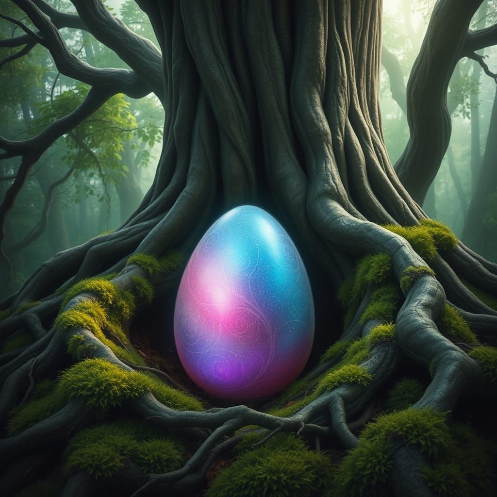 Iridescent Fae Dragon Egg in Ancient Forest Cathedral