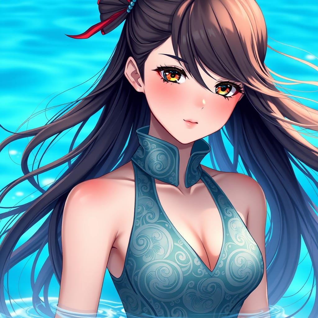 Anime-Inspired Young Woman in Elegant One-Piece Bathing Suit